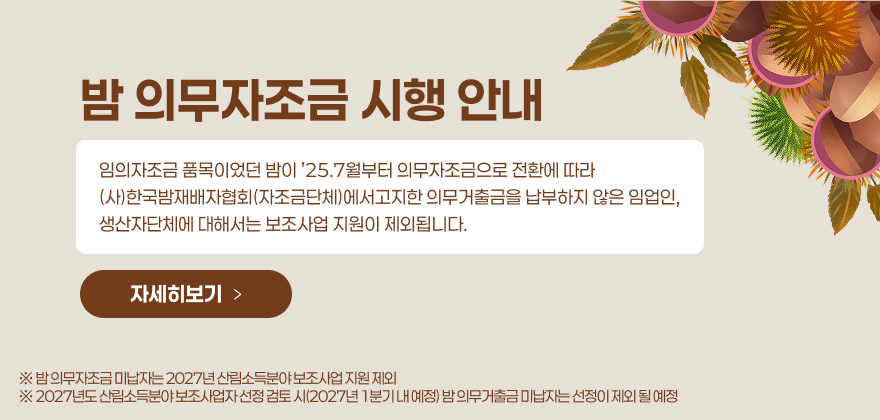 밤 의무자조금 시행 안내
임의자조금 품목이었던 밤이 ’25.7월부터 의무자조금으로 전환에 따라 (사)한국밤재배자협회(자조금단체)에서 고지한 의무거출금을 납부하지 않은 임업인, 생산자단체에 대해서는 보조사업 지원이 제외됩니다.
※ 밤 의무자조금 미납자는 2027년 산림소득분야 보조사업 지원 제외
※ 2027년도 산림소득분야 보조사업자 선정 검토 시(2027년 1분기 내 예정) 밤 의무거출금 미납자는 선정이 제외 될 예정