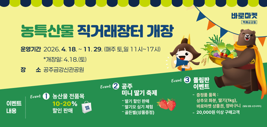 농특산물 직거래장터 개장 운영기간 2026. 4. 18. ~ 11.29. (매주 토,일 11시~17시)
*개장일: 4.18.(토) 장 소 공주금강신관공원
이벤트 내용 Event 1 농산물 전품목 10-20% 할인 판매 Event 공주
미니 딸기 축제 딸기 할인 판매 딸기모 심기 체험
-골든벨(상품증정) Event 돌림판 이벤트
증정품 품목 : 상추모 화분, 딸기(1kg),
바로마켓 상품권, 장바구니 (일일 상품 소진시까지)
20,000원 이상 구매고객